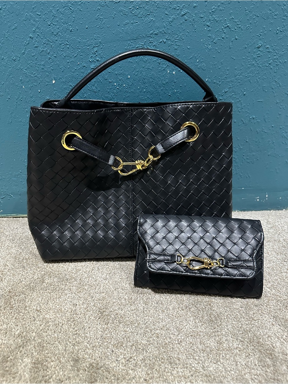 Black Woven Leather Tote and Wallet with Gold Hardware